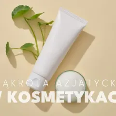 Biała tubka kosmetyku i gałązka z listkami, obok małe naczynie z pianką. Wąkrota azjatycka w kosmetykach.