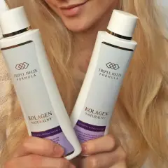 Dwie butelki kosmetyków Souvre z kolagenem naturalnym i formułą Triple Helix.