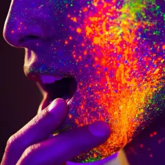Twarz pokryta neonowymi farbami, jakby ktoś pytał "co to mineta?" i dostał odpowiedź w kolorach.