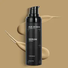 Czarny flakon serum z retinyl palmitate, otoczony smugami kosmetyku.