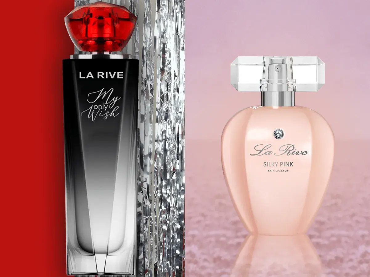 Dwa flakony perfum La Rive: "My only Wish" z czerwonym korkiem i "Silky Pink" w różowym odcieniu.