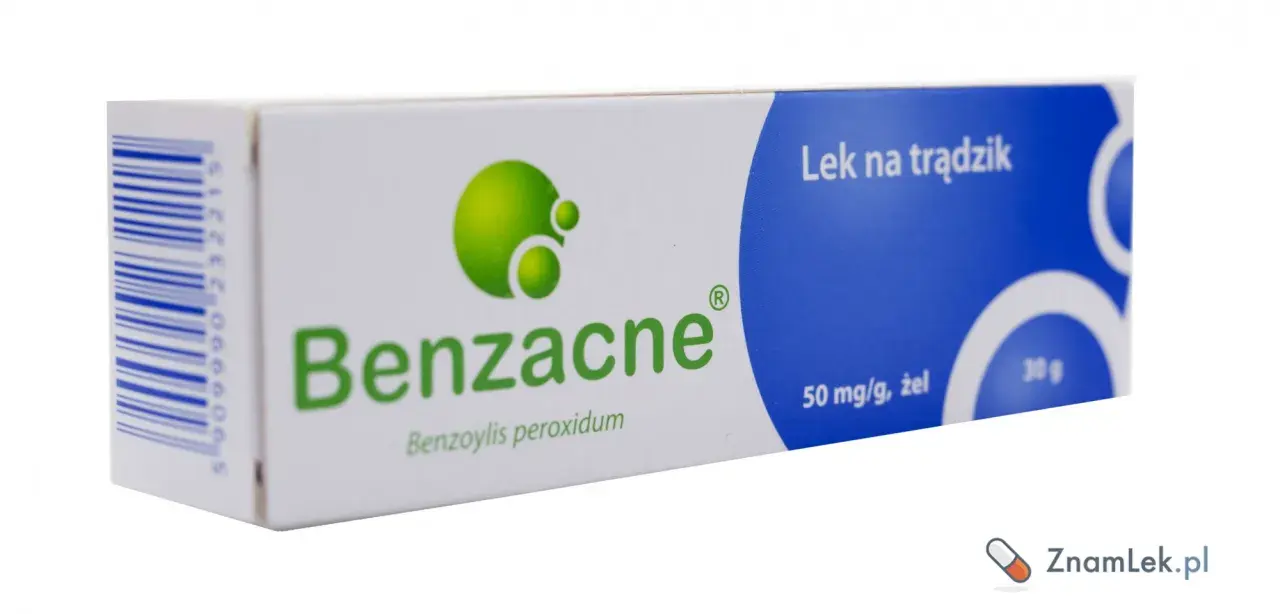 Opakowanie leku Benzacne, który jest zamiennikiem na trądzik. Żel 50 mg/g, 30 g.