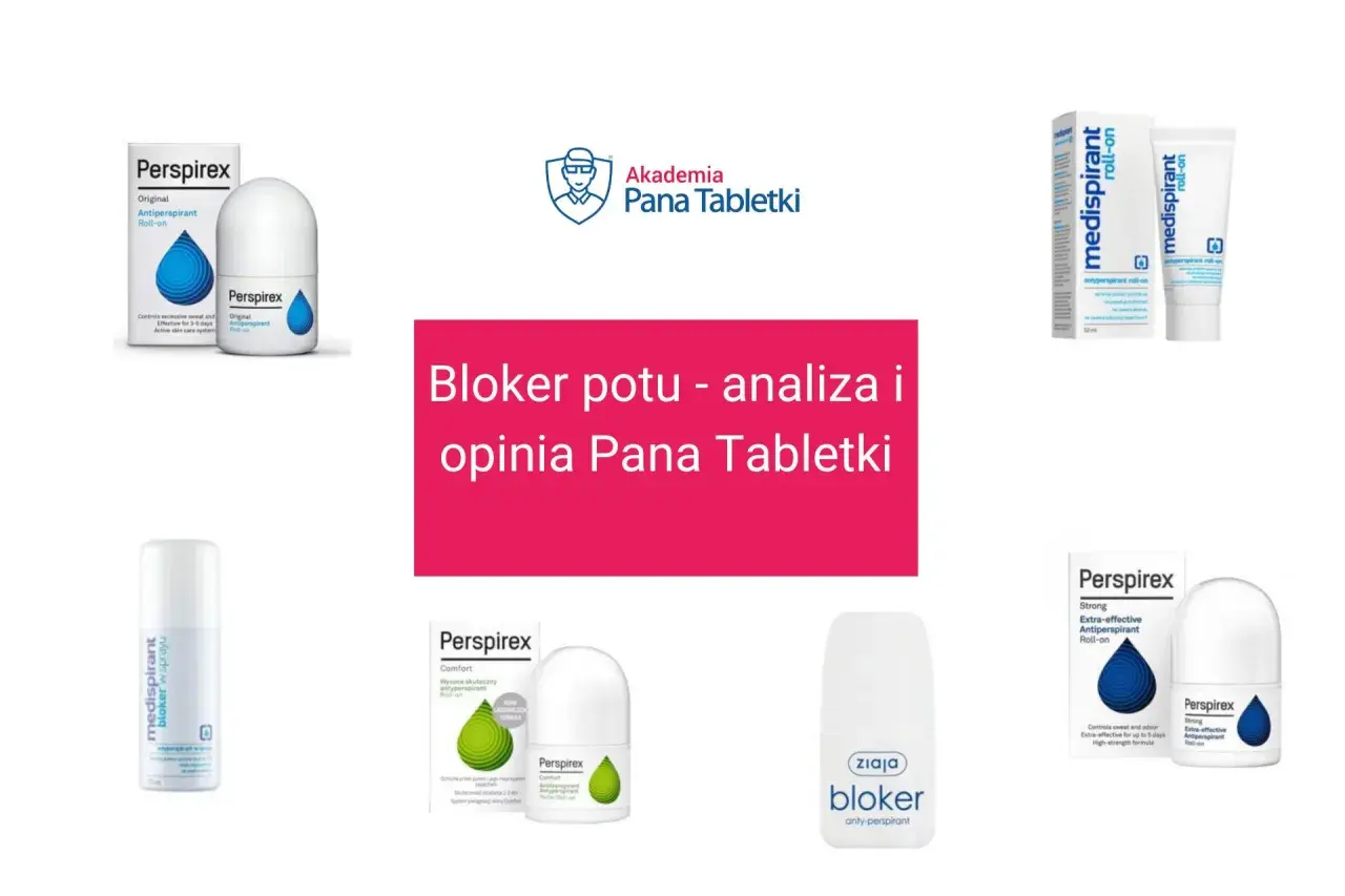 Różne antyperspiranty, w tym Perspirex i Medispirant, prezentowane jako najskuteczniejszy bloker potu. Analiza i opinia Pana Tabletki.