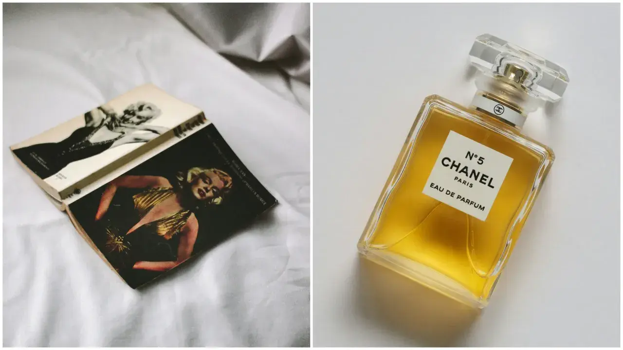 Książki z Marilyn Monroe i flakon Chanel N°5. Dowiedz się, jak sprawdzić, czy perfumy są oryginalne, porównując detale.