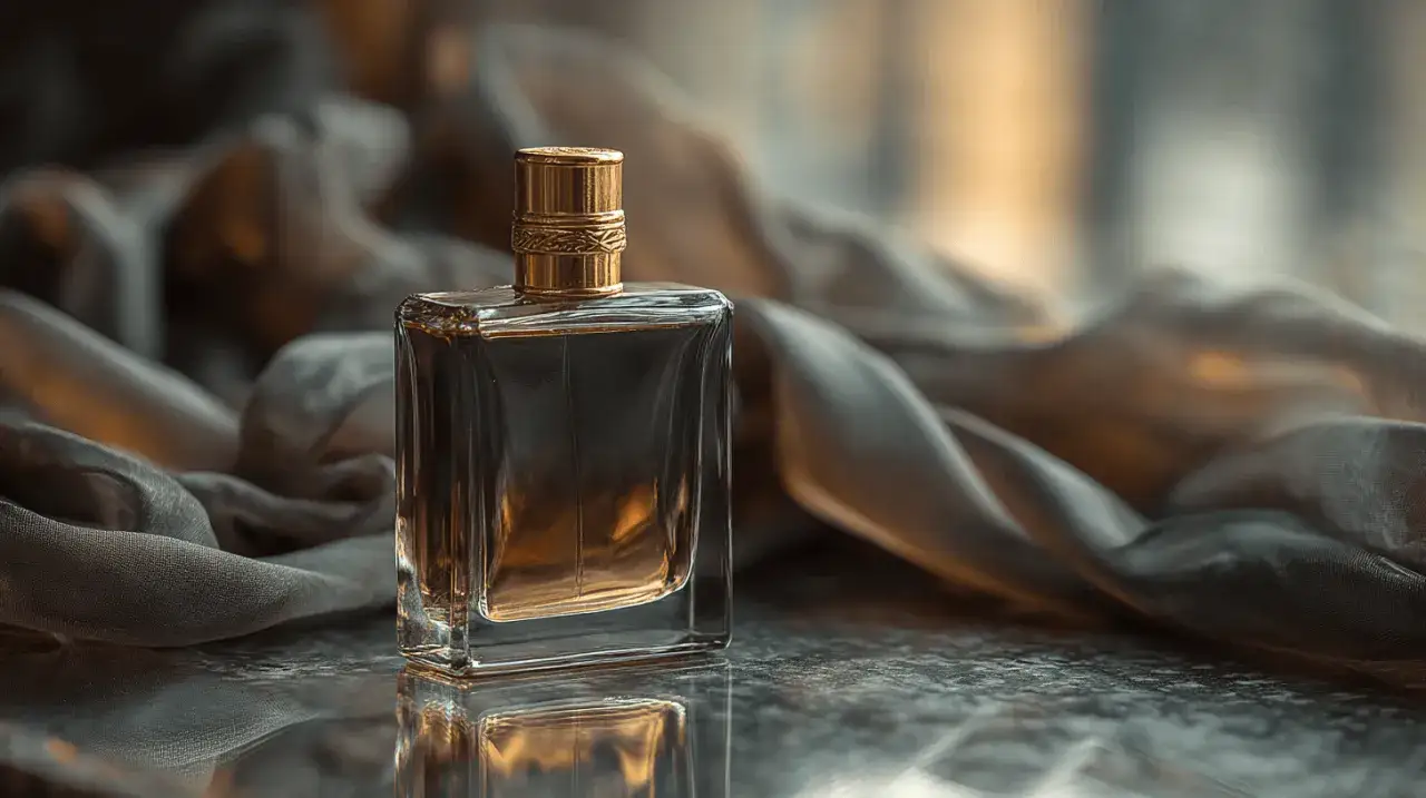 Elegancka, szklana butelka perfum z złotą nakrętką, otoczona zwiewną, szarą tkaniną. Symbol najbardziej trwałe perfumy męskie.